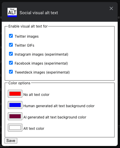 Options modal showing Twitter image and GIF settings